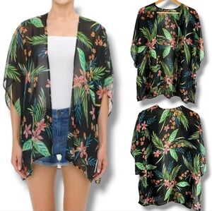 Like New 💚 AMBIANCE Women's Sheer Kimono Duster Tropical Print Black Coverup